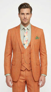 Vinci Mens Orange Three Piece Suit – Orange Windowpane Plaid 3PC Formal Suit for Wedding, Church and Business Holloween Color