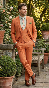 Vinci Mens Orange Three Piece Suit – Orange Windowpane Plaid 3PC Formal Suit for Wedding, Church and Business Holloween Color