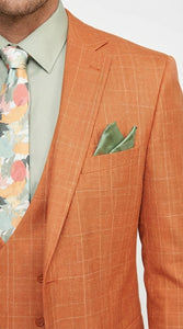Vinci Mens Orange Three Piece Suit – Orange Windowpane Plaid 3PC Formal Suit for Wedding, Church and Business Holloween Color