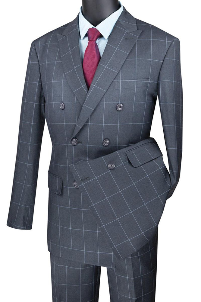 Vinci Mens Suit: Grey Double Breasted Windowpane Plaid - USA Men's Outlet