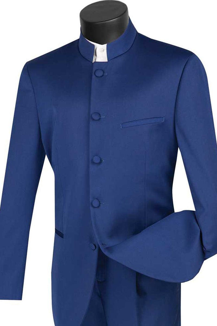 "Vinci Mens Tuxedo: Navy Mandarin 5-Button Banded Fit" - Elegant Mensattire
