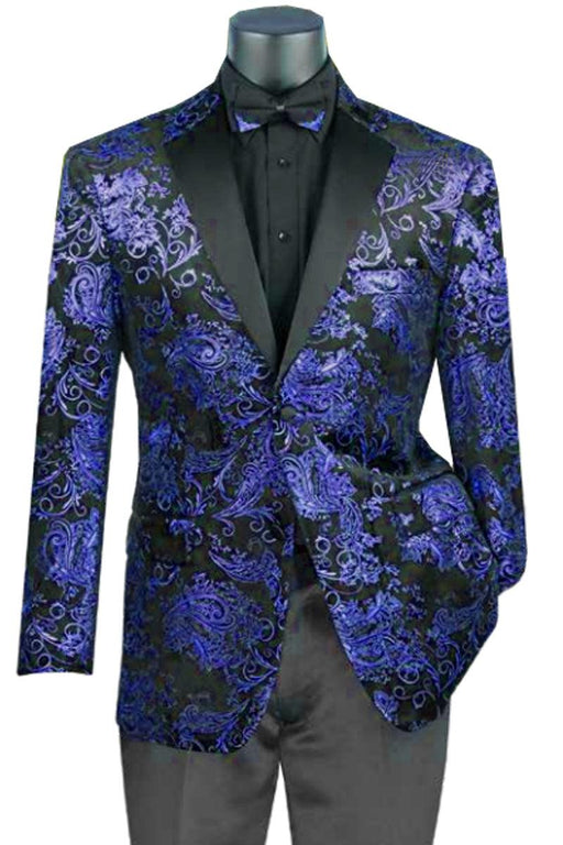 Vinci Royal Blue Valencia Paisley Velvet Foil Smoking Jacket Tuxedo - USA Men's Outlet