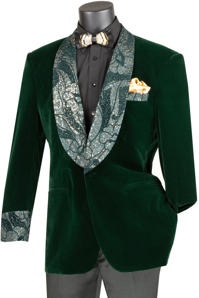 Vinci Velvet Prom Jacket with Glitter Lapel, Emerald Hunter Green - USA Men's Outlet