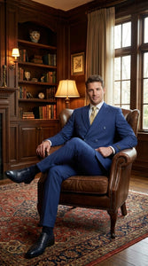 Vitali Mens Blue Tone on Tone Shadow Pinstripe Suit Set – Double Breasted Business Modern Fit Side Vented