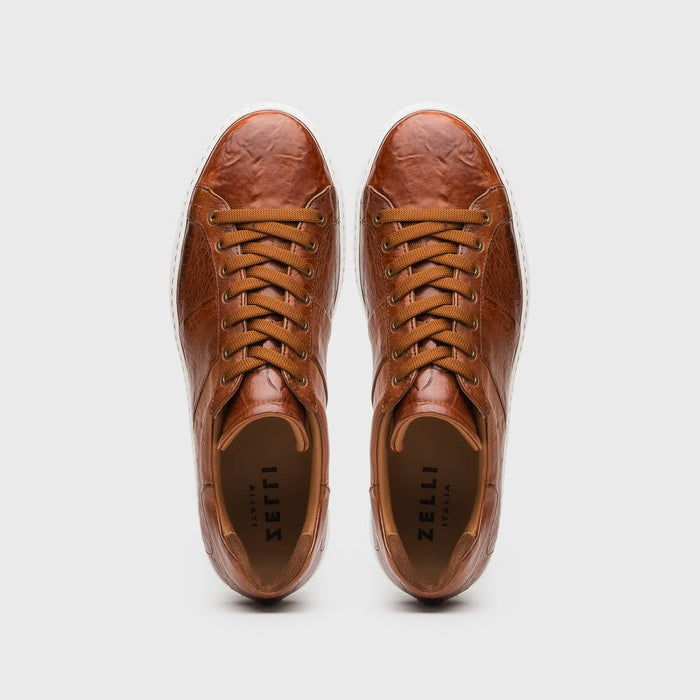 Zelli Vivo Tumbled Calfskin Sneakers in Cognac with White Rubber Sole