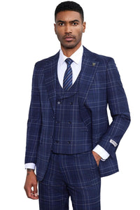Men's Stacy Adams Vested Two Button Double Windowpane Plaid Suit in Navy