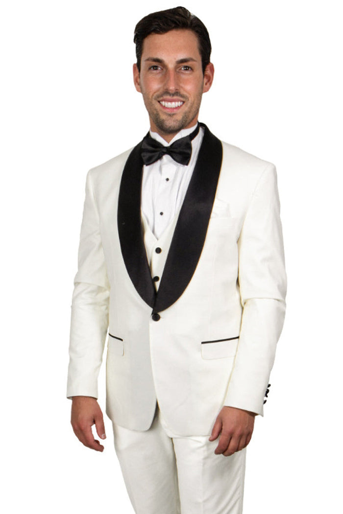 "Elegant Prom and Wedding Attire: Stacy Adams Ivory Shawl Lapel Tuxedo with Vested One-Button Style"