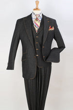 Apollo King Black Denim Suit: Two-Button Peak Lapel Vested