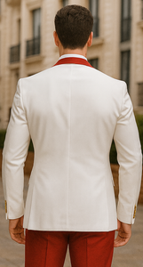 White and Red Tuxedo Wedding Suit - White Dinner Jacket + Vest + Pants + Bow-tie