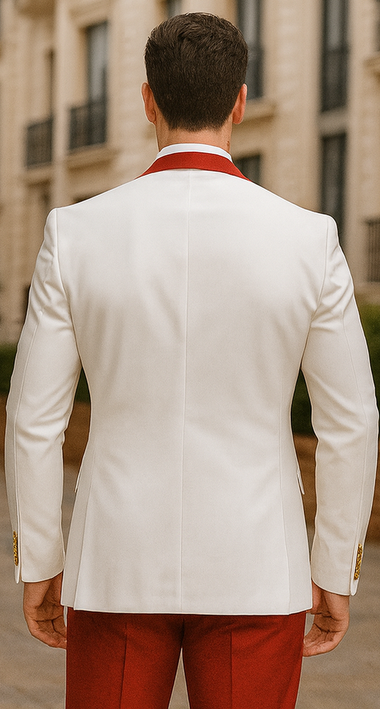 White and Red Tuxedo Wedding Suit - White Dinner Jacket + Vest + Pants + Bow-tie