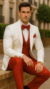 White and Red Tuxedo Wedding Suit - White Dinner Jacket + Vest + Pants + Bow-tie