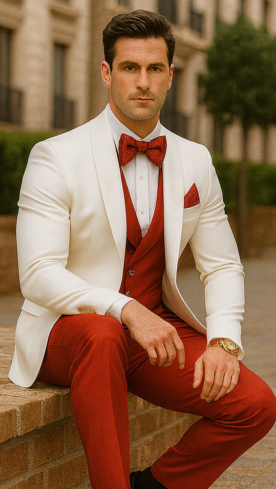 White and Red Tuxedo Wedding Suit - White Dinner Jacket + Vest + Pants + Bow-tie