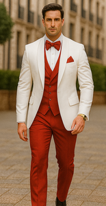 White and Red Tuxedo Wedding Suit - White Dinner Jacket + Vest + Pants + Bow-tie