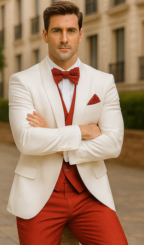 White and Red Tuxedo Wedding Suit - White Dinner Jacket + Vest + Pants + Bow-tie
