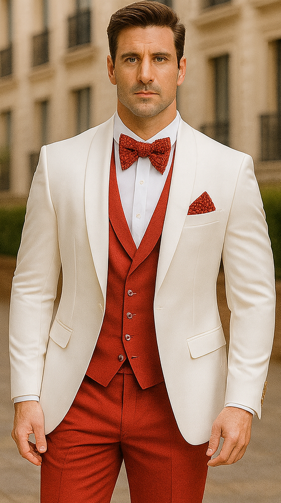 White and Red Tuxedo Wedding Suit - White Dinner Jacket + Vest + Pants + Bow-tie