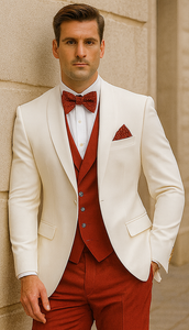 White and Red Tuxedo Wedding Suit - White Dinner Jacket + Vest + Pants + Bow-tie
