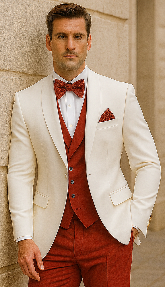 White and Red Tuxedo Wedding Suit - White Dinner Jacket + Vest + Pants + Bow-tie