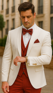 White and Red Tuxedo Wedding Suit - White Dinner Jacket + Vest + Pants + Bow-tie