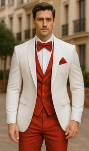 White and Red Tuxedo Wedding Suit - White Dinner Jacket + Vest + Pants + Bow-tie
