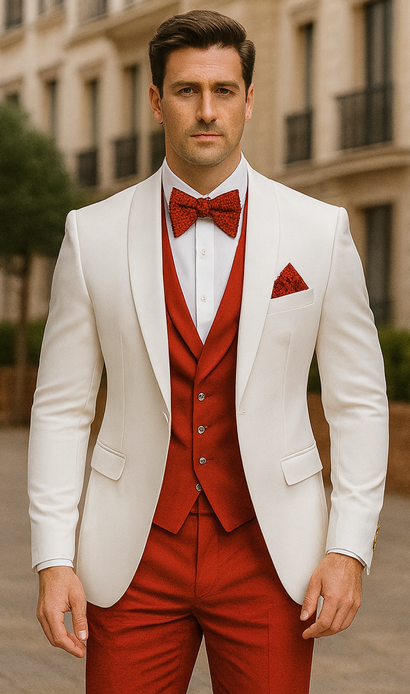 White and Red Tuxedo Wedding Suit - White Dinner Jacket + Vest + Pants + Bow-tie
