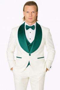 White and Teal Blue Lapel Tuxedo With Vest and Pants - Wedding Groom Suit