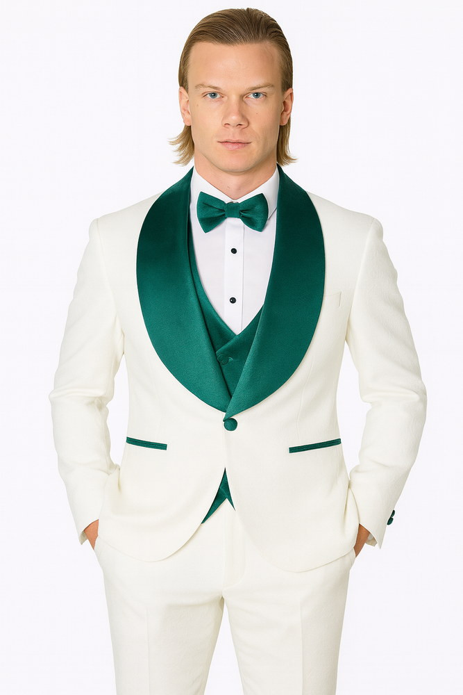 White and Teal Blue Lapel Tuxedo With Vest and Pants - Wedding Groom Suit