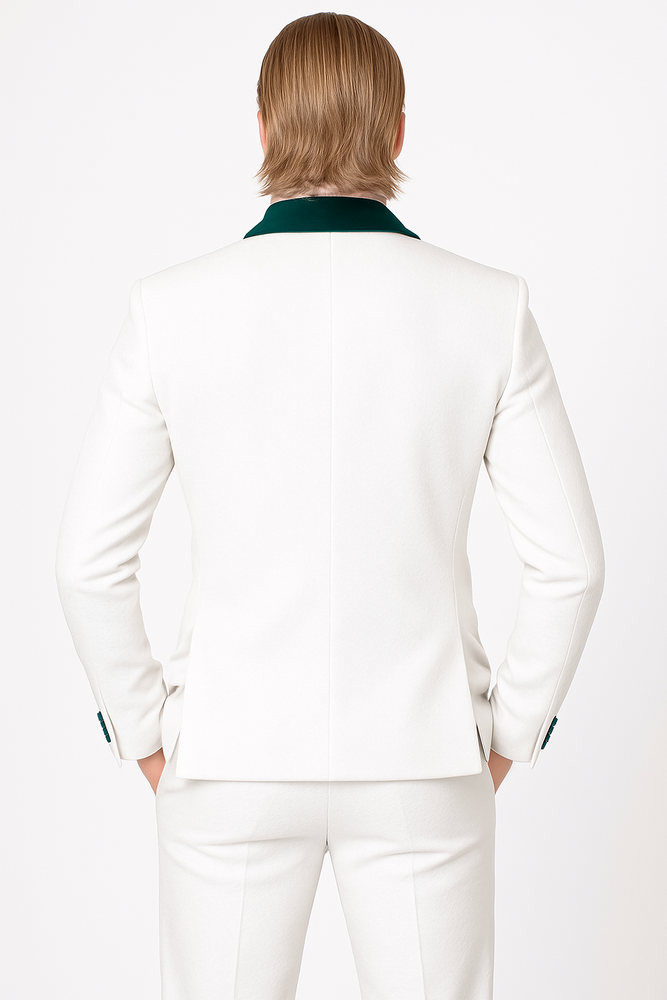 White and Teal Blue Lapel Tuxedo With Vest and Pants - Wedding Groom Suit