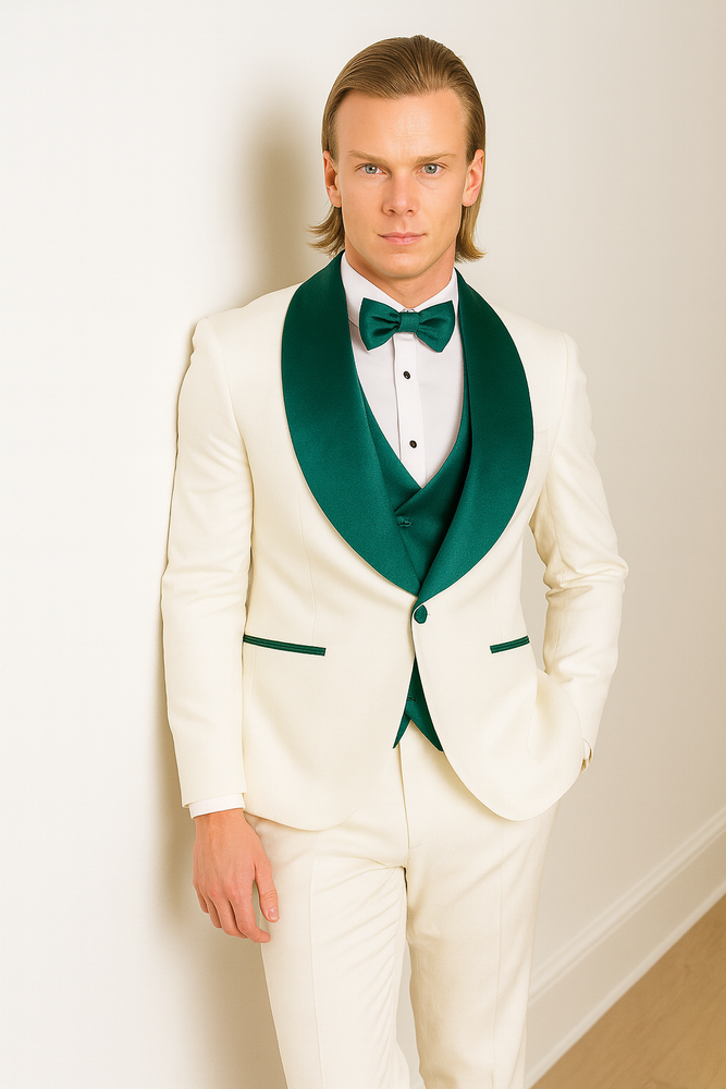 White and Teal Blue Lapel Tuxedo With Vest and Pants - Wedding Groom Suit