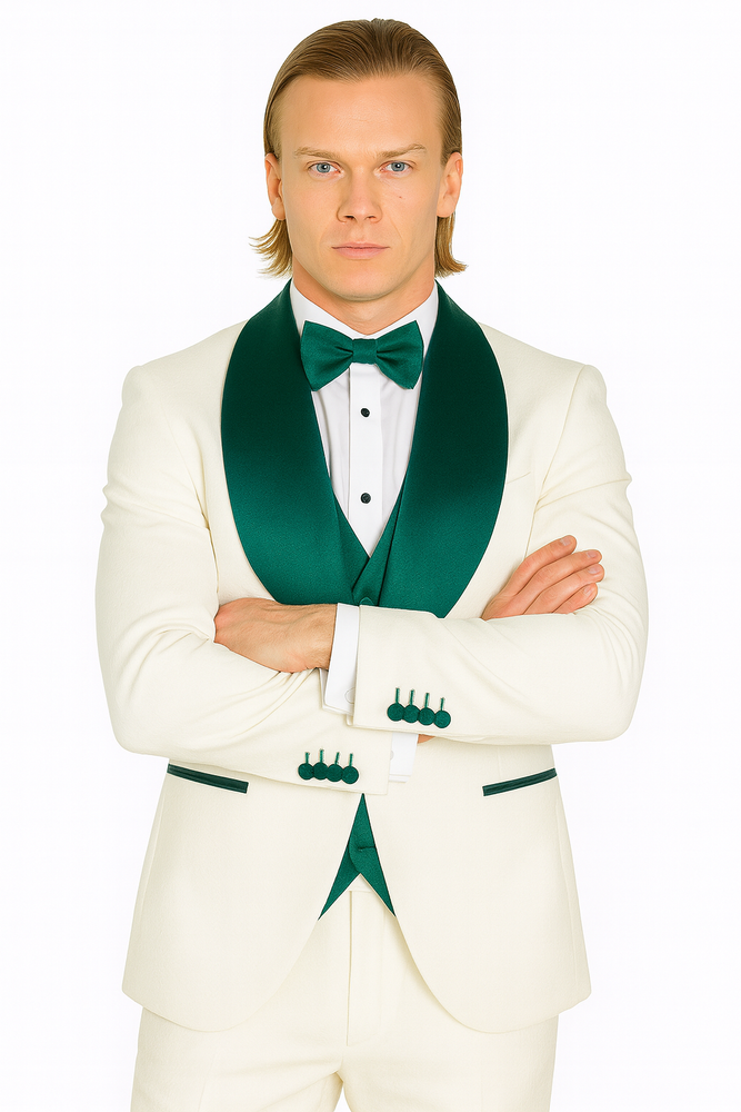 White and Teal Blue Lapel Tuxedo With Vest and Pants - Wedding Groom Suit