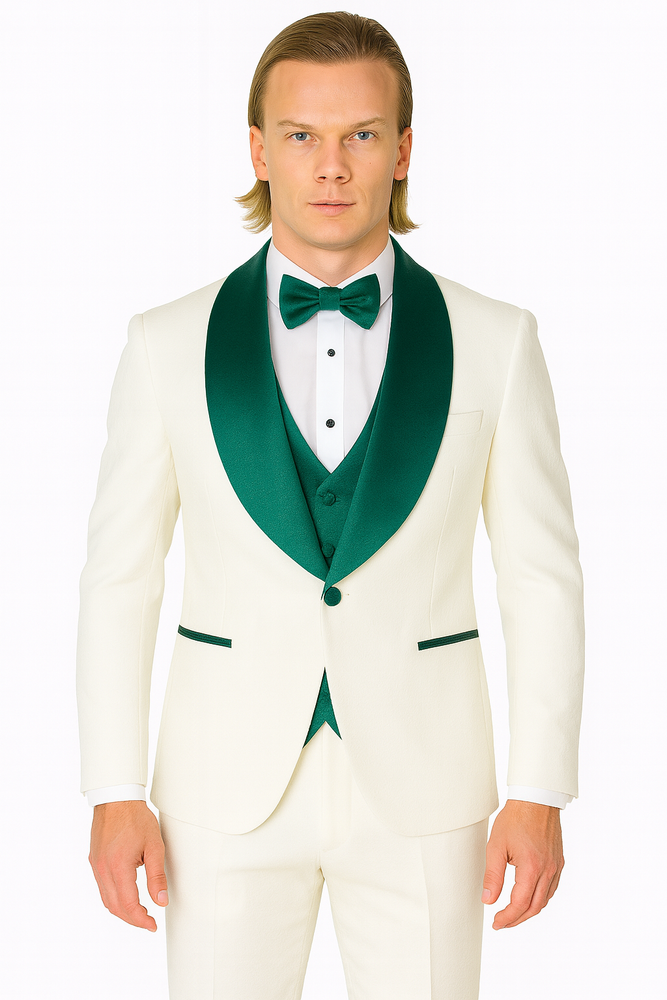 White and Teal Blue Lapel Tuxedo With Vest and Pants - Wedding Groom Suit