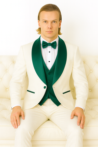White and Teal Blue Lapel Tuxedo With Vest and Pants - Wedding Groom Suit