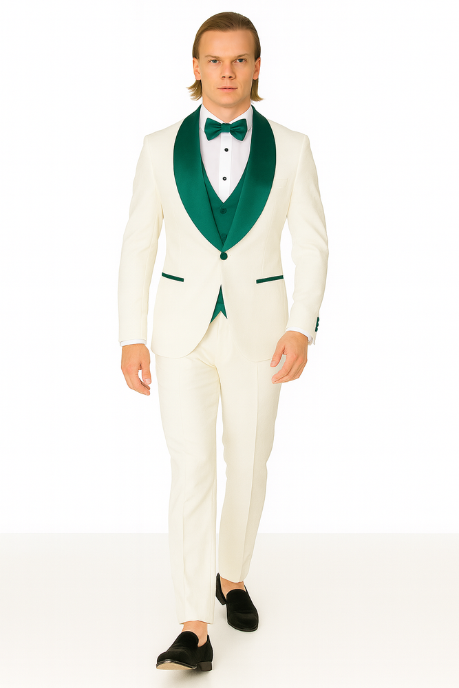 White and Teal Blue Lapel Tuxedo With Vest and Pants - Wedding Groom Suit