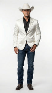 Men’s Shiny White Cowboy Blazer – Western Style Satin Finish Blazer for Party, Country Events and Evening Wear