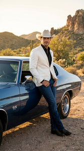 Men’s Shiny White Cowboy Blazer – Western Style Satin Finish Blazer for Party, Country Events and Evening Wear