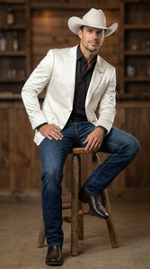 Men’s Shiny White Cowboy Blazer – Western Style Satin Finish Blazer for Party, Country Events and Evening Wear