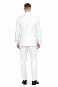 Men’s White Double Breasted Wool Suit with Designer Tailored Formal Set Metal Buckle Closure