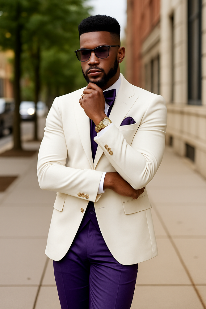 White and Purple Tuxedo Wedding Suit - White Dinner Jacket + Vest + Pants + Bow-tie