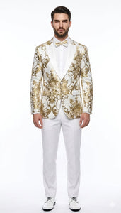 Mens White and Gold Floral Tuxedo Jacket with Satin Lapel – Luxury Prom, Wedding and Formal Dinner Blazer