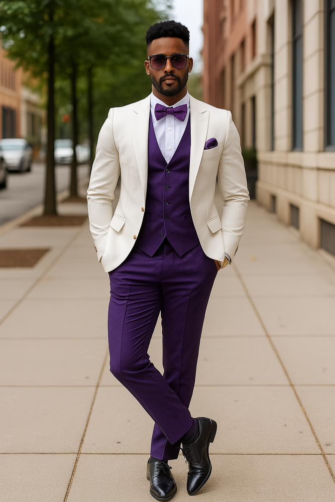 White and Purple Tuxedo Wedding Suit - White Dinner Jacket + Vest + Pants + Bow-tie
