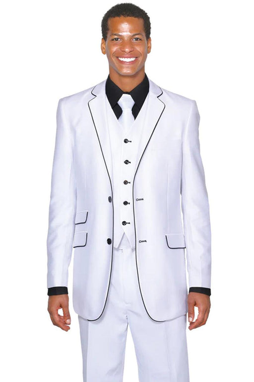 "White Sharkskin Tuxedo Suit: Fortino Landi's Vested Slim Fit with Black Piping" - USA Men's Outlet