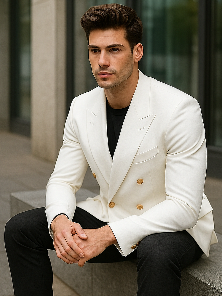 White, Six Button Double Breasted Suits Blazer Jacket Coat
