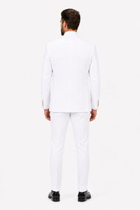 Men's White Statement Ticket Pocket Peak Lapel Wool Double Breasted Vest Suit with Gold Buttons – Modern Fit
