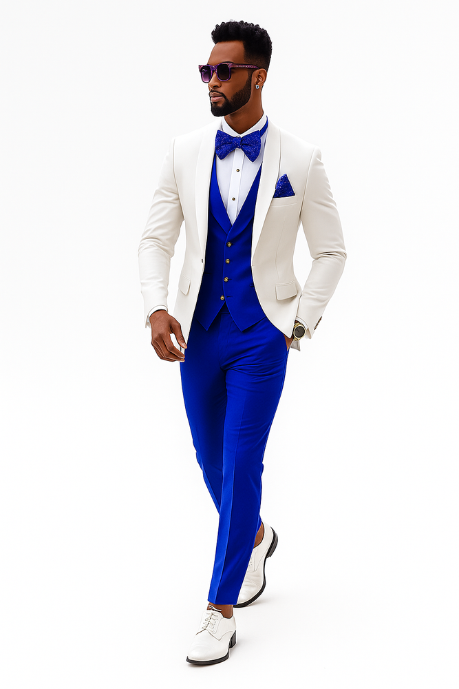 White and Royal Blue Tuxedo Wedding Suit - White Dinner Jacket + Vest + Pants + Bow-tie