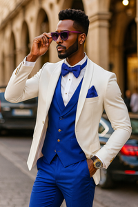 White and Royal Blue Tuxedo Wedding Suit - White Dinner Jacket + Vest + Pants + Bow-tie