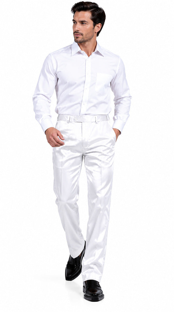 Mens Shiny Stretch Pants Solid Color Slim Fit Sateen Flashy Metallic Slacks in Color "White"