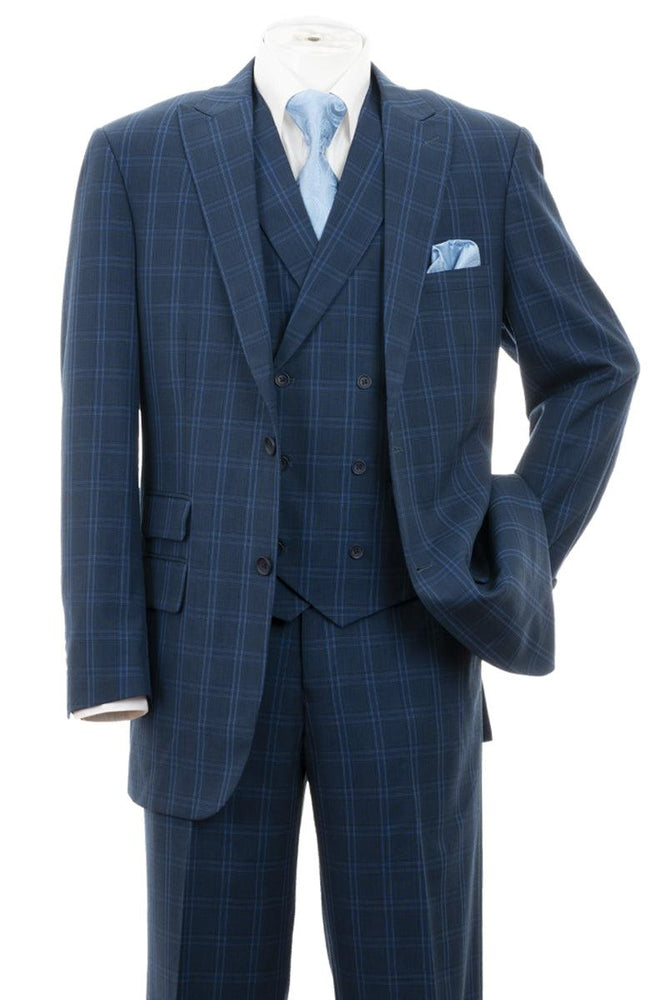 "Windopane Plaid Fortino Landi Vest Suit: Stylish 2-Button Double Breasted Navy Men's Apparel" - USA Men's Outlet