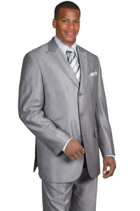 Mens 3 Button Peak Lapel Shiny Sharkskin Micro Pinstripe Suit in Silver Grey
