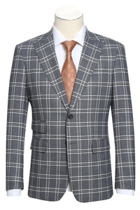 Mens Designer Slim Fit Peak Lapel Suit in Grey Windowpane Plaid