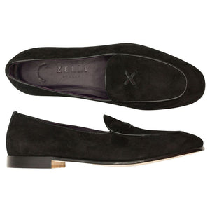 Zelli Hand-Stitched Sueded Goatskin Loafer with Crocodile Vamp in Black