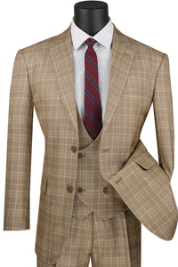 Mens 2 Button Vested Peak Lapel Plaid Windowpane Suit in Camel